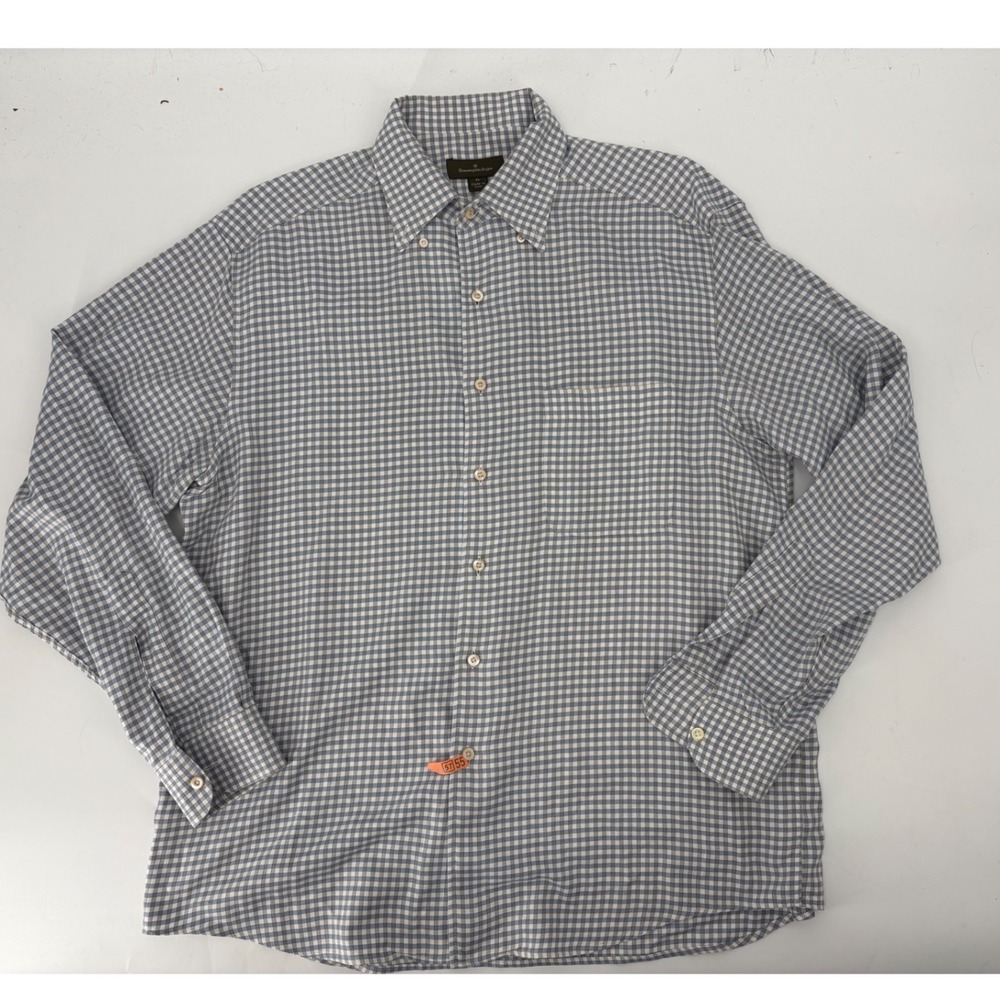 Ermenegildo Zegna Mens XL Blue Tan Gingham Button Down Shirt Made in Italy